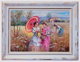 Painting, Girls in the field - Italian painting & frame, Domenico Ronca