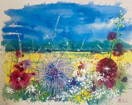 Painting, Hollyhocks in the hedgerow, Rachael Dalzell