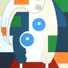 Painting, Bird sitting on a red chair, Hildegarde Handsaeme
